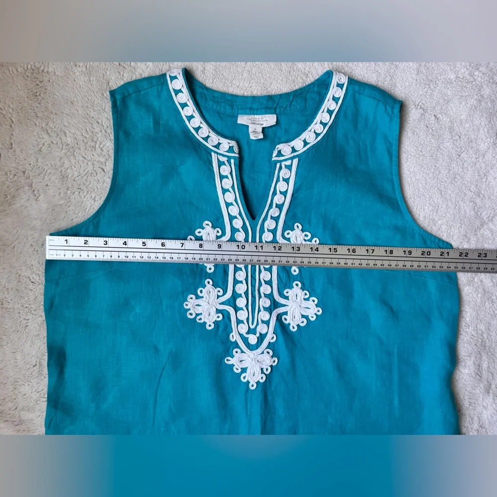 Charter Club Luxury Linen Embroidered Teal Sleeveless Top Women Size Large - Picture 7 of 8